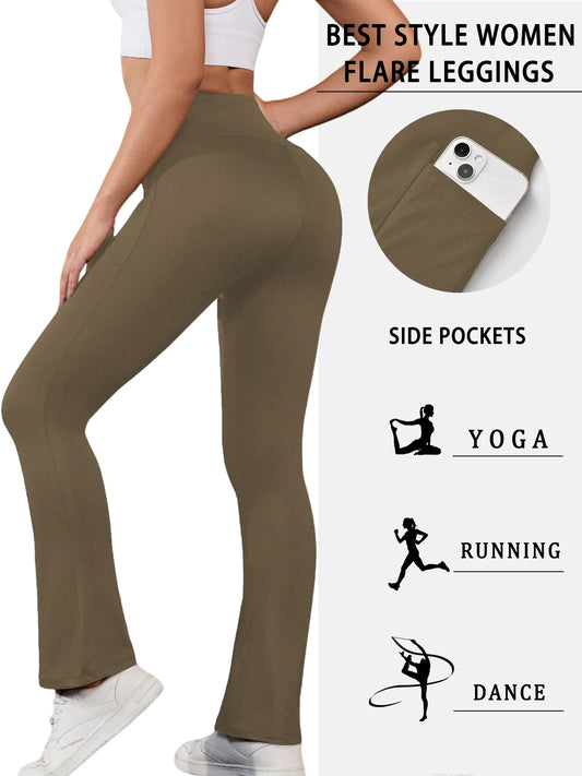 Legging évasé taille haute avec poches pour femme, marque Beauté & Santé, tissu extensible noir, porté en intérieur.