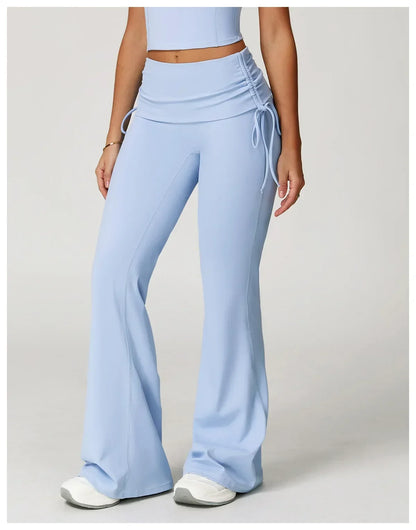 Legging évasé de sport Bleu avec cordon de serrage de la marque Beauté & Santé, vue de côté, tissu extensible et confortable.