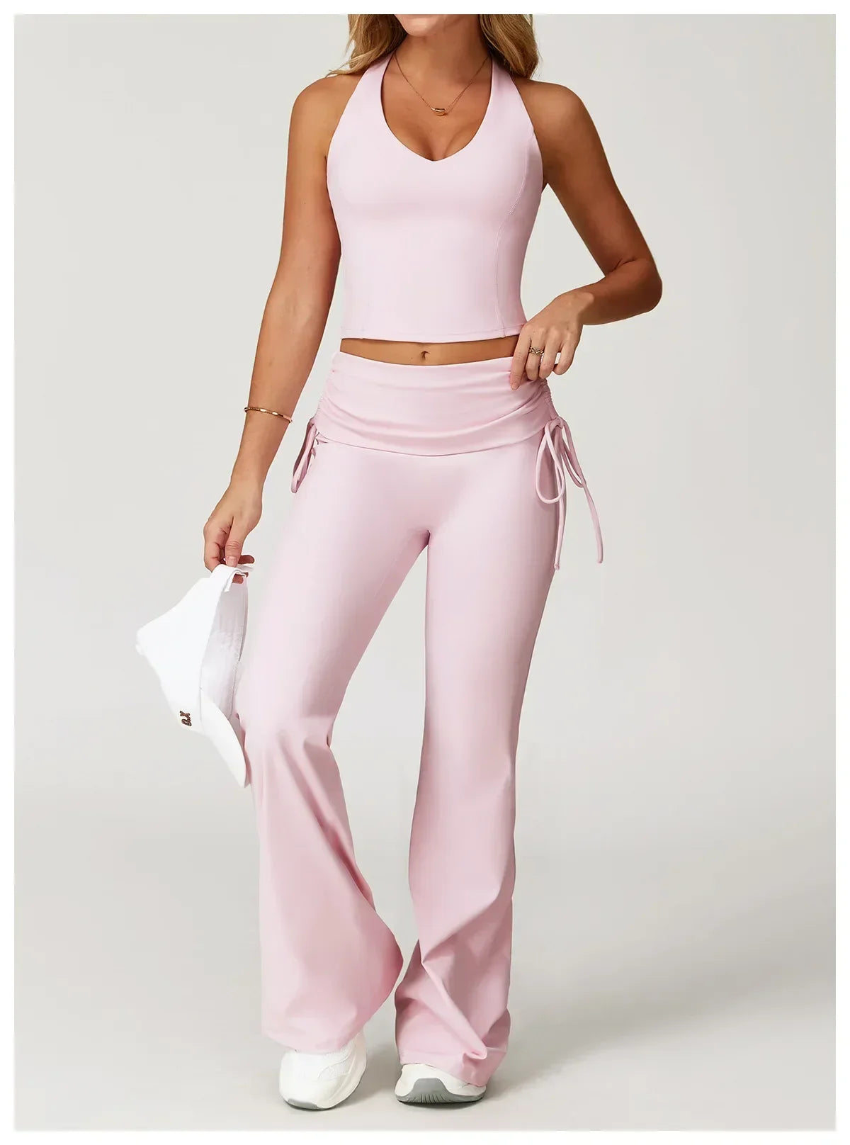 Legging évasé de sport Beauté & Santé avec cordon de serrage, couleur rose, vue frontale.