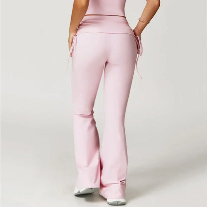 Legging évasé de sport rose Beauté & Santé avec cordon de serrage, vu de dos, tissu extensible pour activité physique.