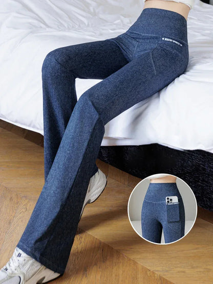High-waisted faux denim leggings by Beauté & Santé with a soft interior and stylish design.