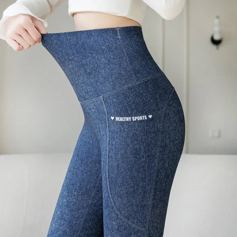 High-waisted faux denim leggings by Beauté & Santé, featuring a soft, plush interior and stylish design.