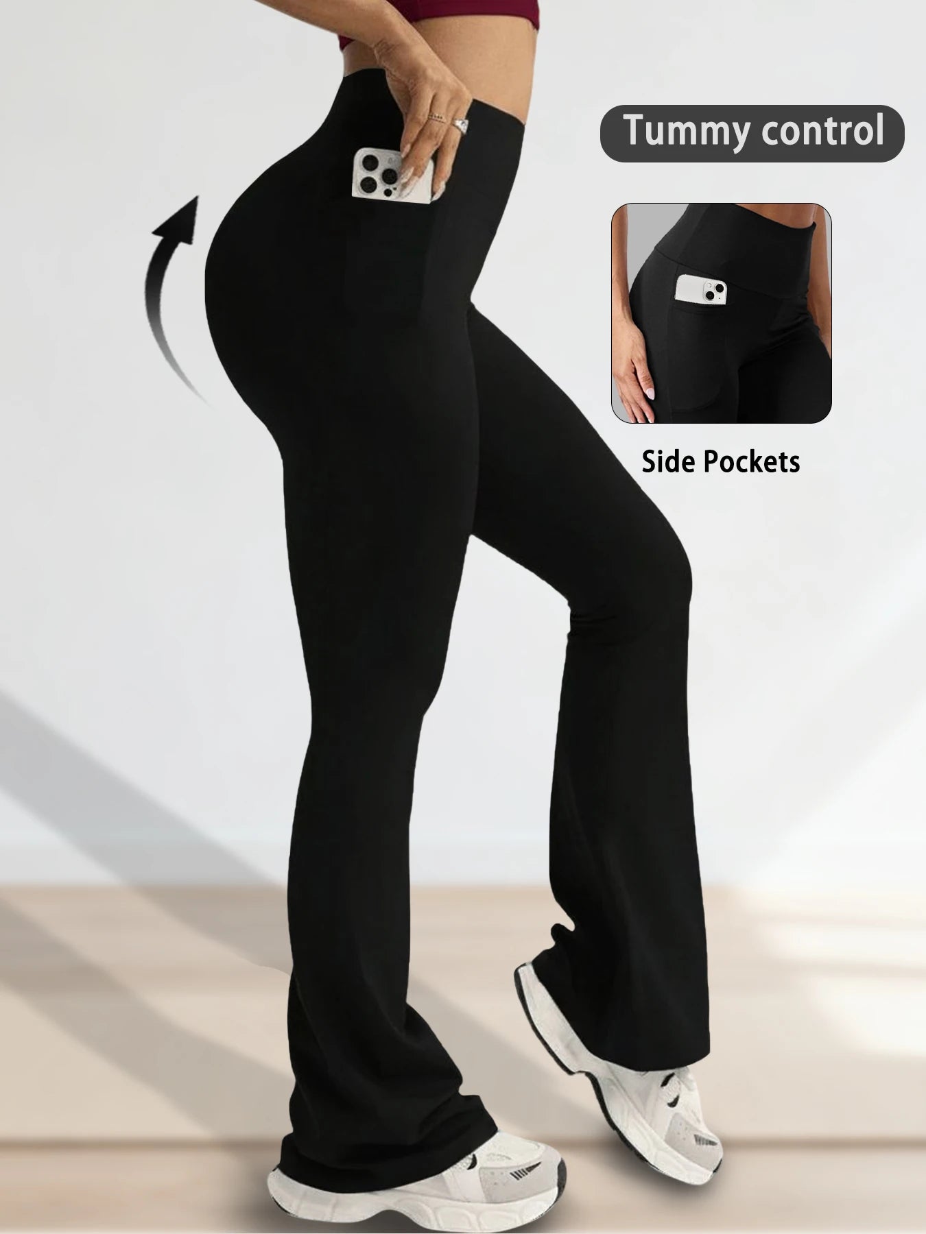 Legging évasé taille haute pour femme avec poches, en tissu extensible, de la marque Beauté & Santé, porté en extérieur.
