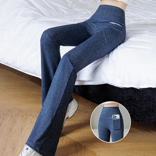 High-waisted faux denim leggings by Beauté & Santé, featuring a soft texture and stylish design for comfortable wear.