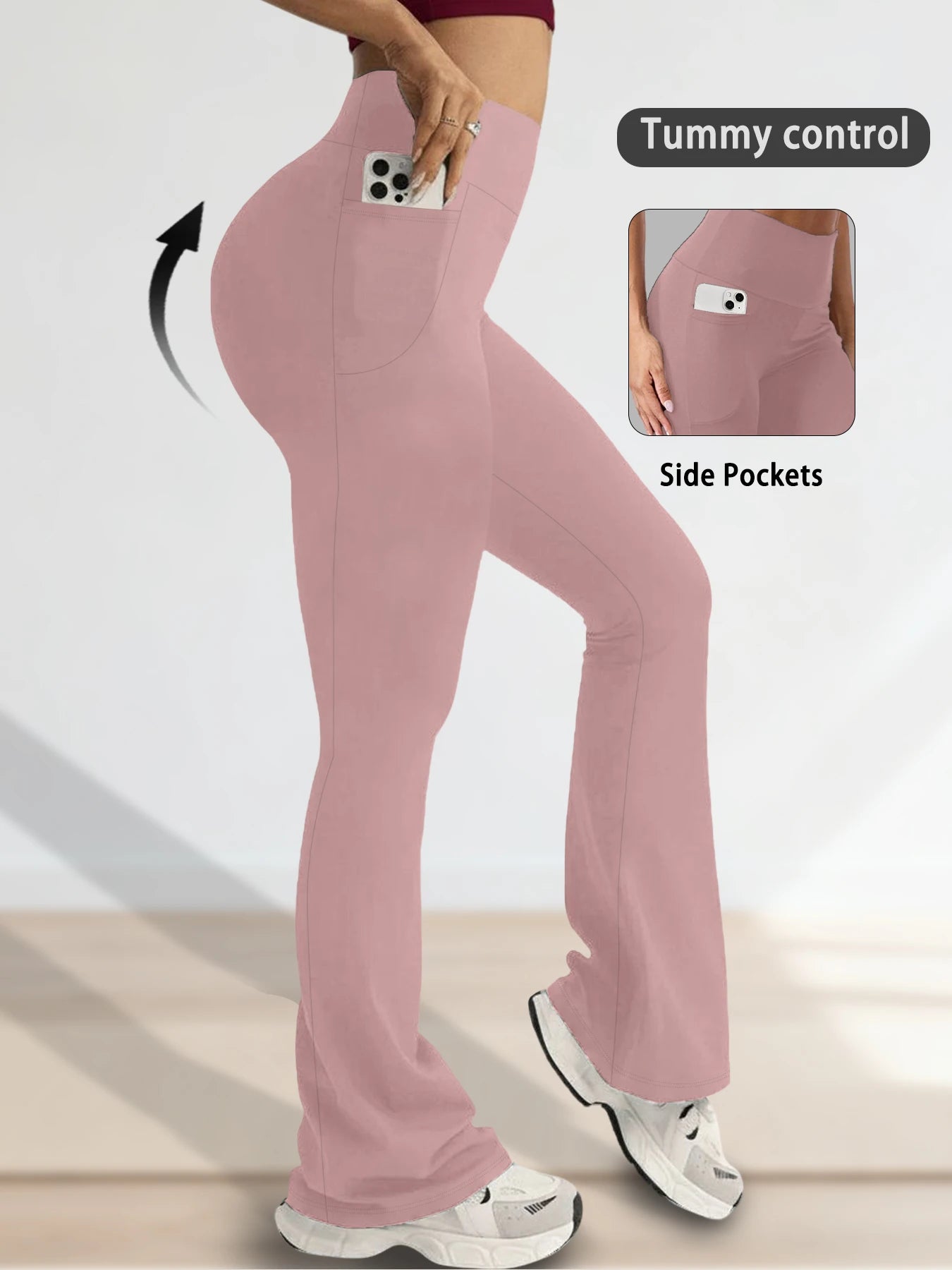 Legging taille haute évasé avec poches pour femme, marque Beauté & Santé, tissu extensible et confortable, noir.