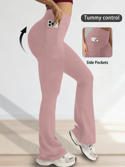 Legging taille haute évasé avec poches pour femme, marque Beauté & Santé, tissu extensible et confortable, noir.