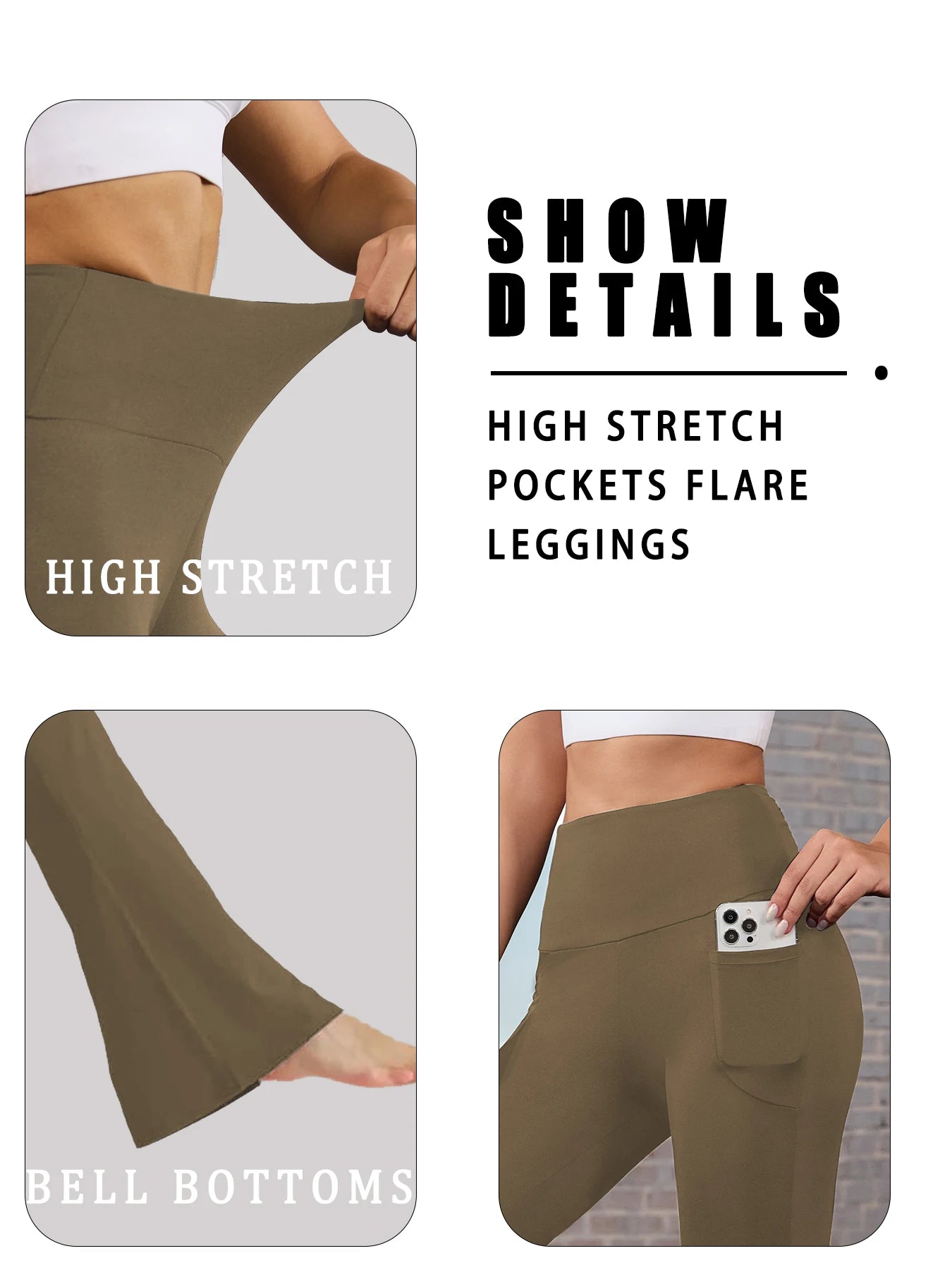 Leggings évasés taille haute pour femme avec poches, en tissu confortable, de la marque Beauté & Santé, porté avec un haut blanc.