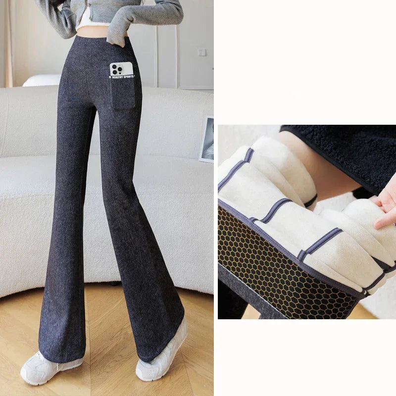 High-waisted faux denim leggings by Beauté & Santé, featuring a soft texture and form-fitting design.