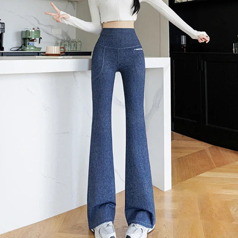 High-waisted faux jean leggings by Beauté & Santé, featuring a soft, stretchy fabric for comfort and style.