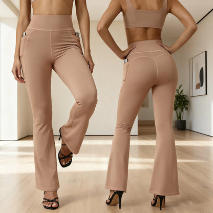Legging sport taille haute Beauté & Santé avec effet galbant et poches pour femme, tissu extensible et confortable.