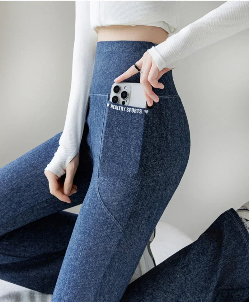 High-waisted faux denim leggings from Beauté & Santé, featuring a soft, cozy material and stylish design.