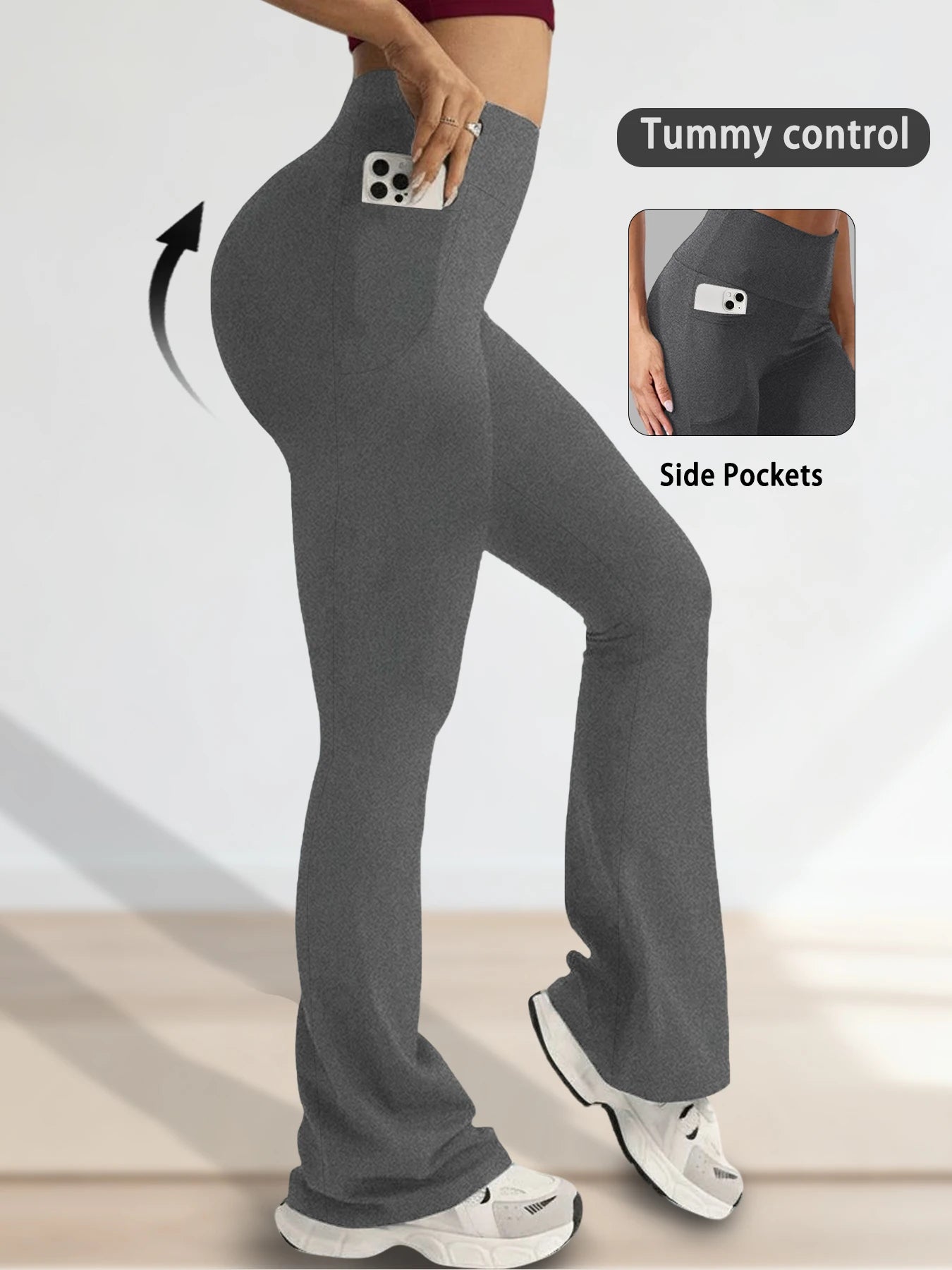 Legging évasé taille haute pour femme avec poches, de la marque Beauté & Santé, en tissu noir confortable.