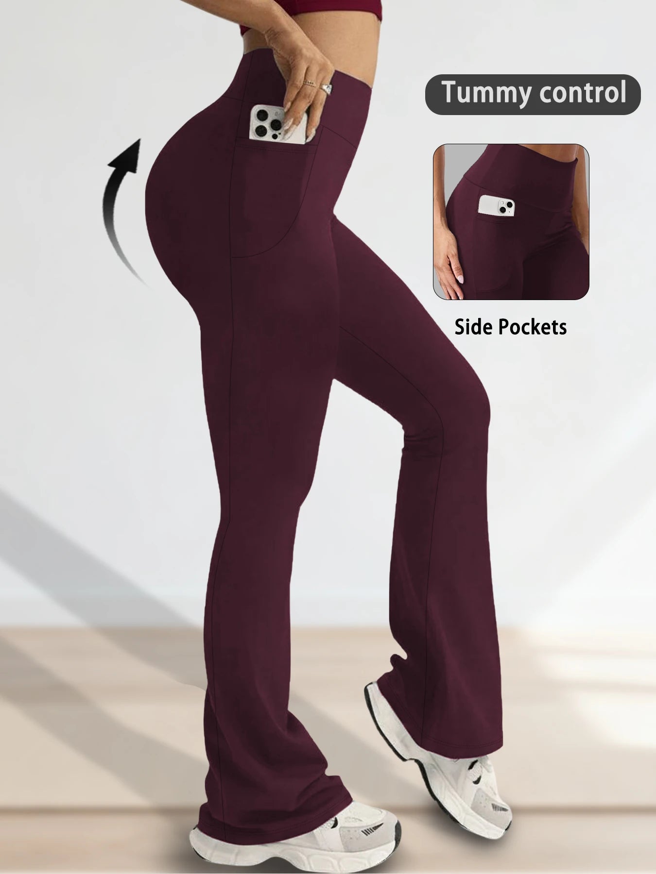 Legging évasé taille haute pour femme avec poches, de la marque Beauté & Santé, en tissu noir élégant.