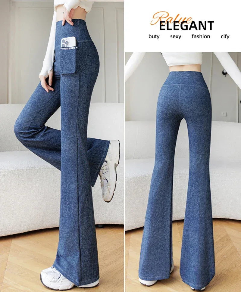 High-waisted faux denim leggings by Beauté & Santé in a soft, stretchy material, showcasing a stylish, casual design.