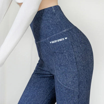 High-waisted faux denim leggings by Beauté & Santé, featuring a soft fleece interior and stylish design.