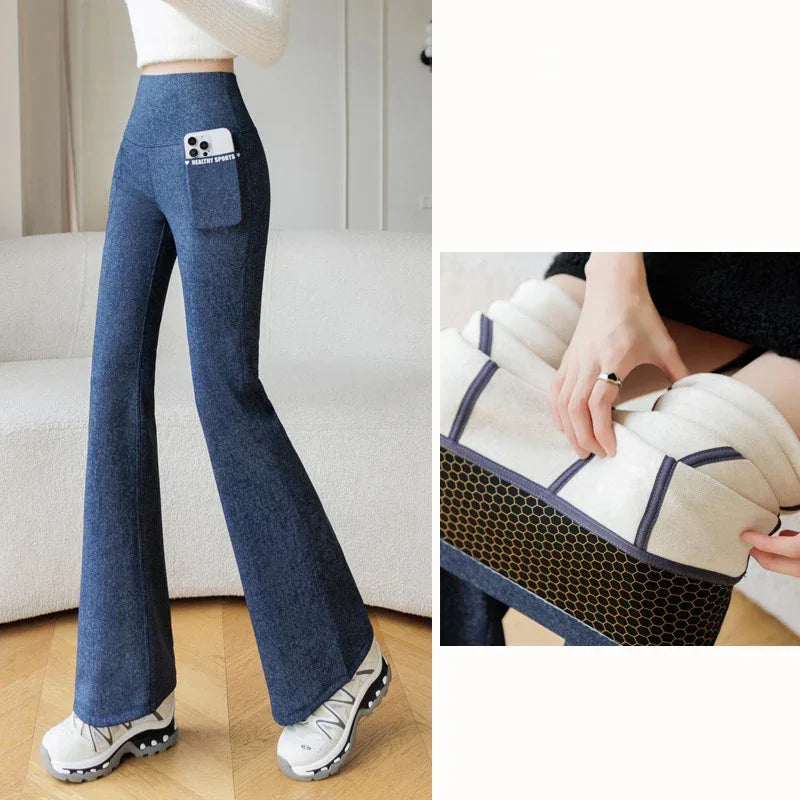High-waisted faux denim leggings by Beauté & Santé, featuring a soft fleece interior and a stylish, fitted design.