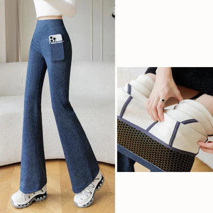 High-waisted faux denim leggings by Beauté & Santé, featuring a soft fleece interior and a stylish, fitted design.