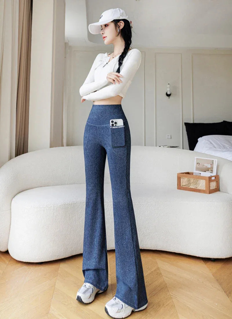 High-waisted faux denim leggings by Beauté & Santé, featuring a soft, cozy material and a stylish design.