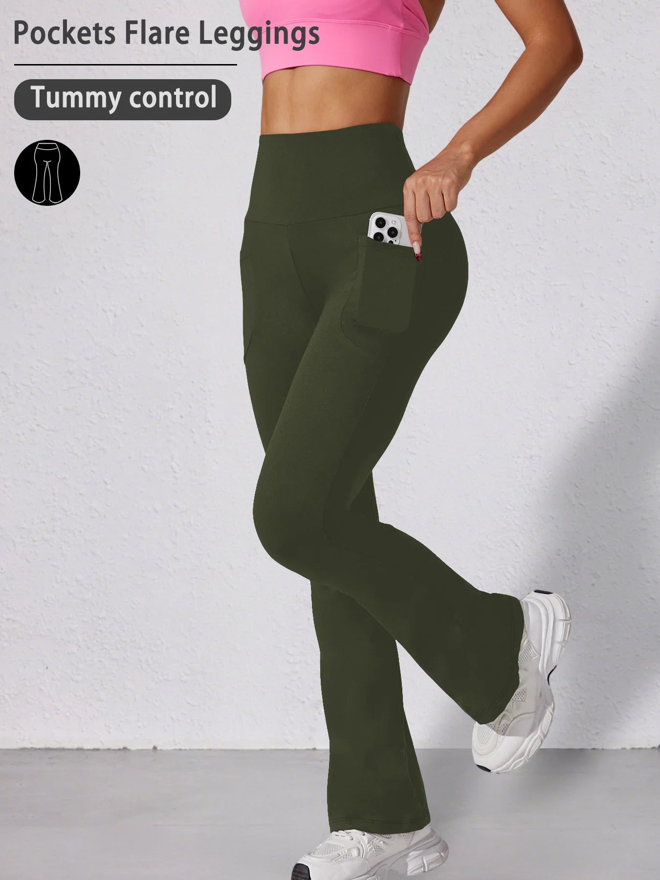 Legging évasé taille haute pour femme avec poches, tissu extensible, couleur noire, marque Beauté & Santé.
