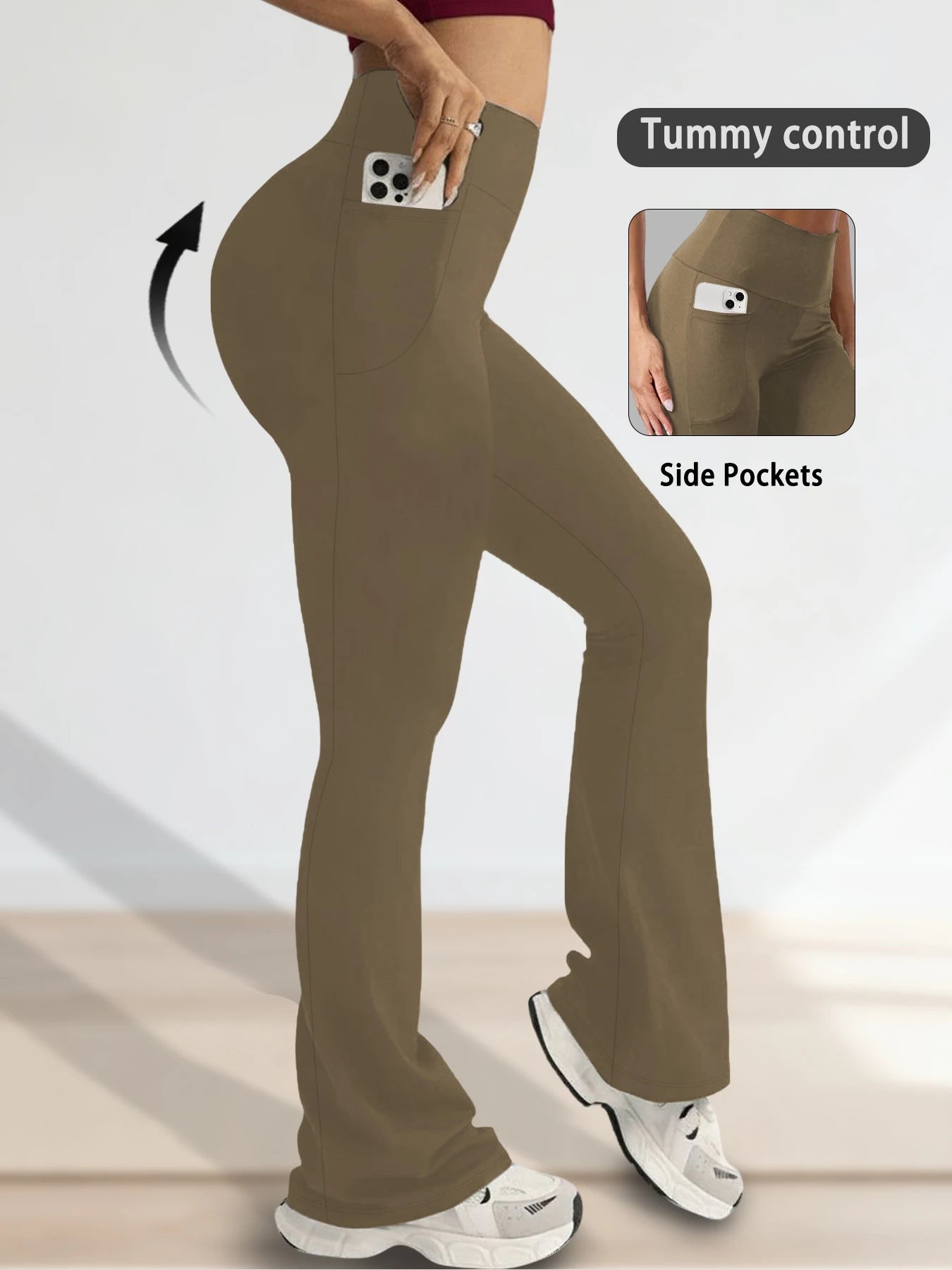 Legging évasé taille haute avec poches pour femme de la marque Beauté & Santé, montrant la coupe fluide et les poches latérales.